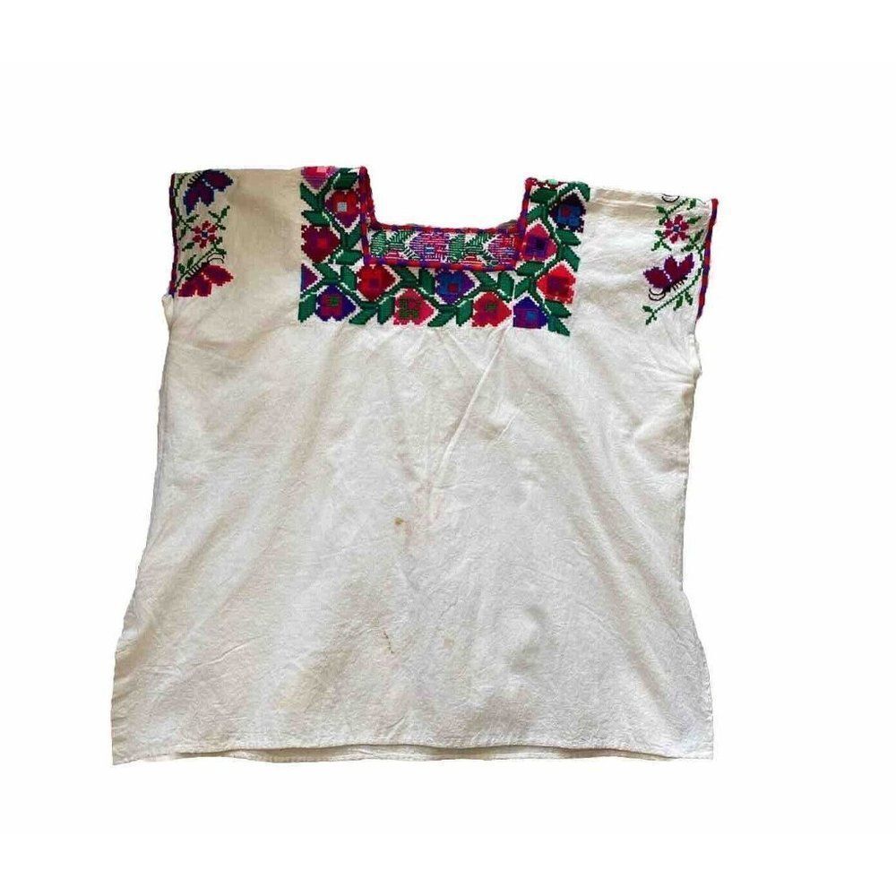 Vintage Peasant Top Hungarian Blouse Authentic Embroidered Cotton Large